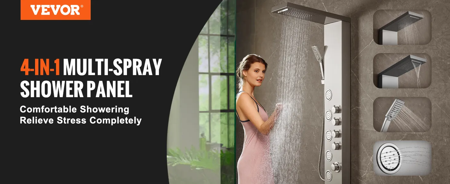 Sistema de panel de ducha multi-rociador 4 en 1 VEVOR para una ducha cómoda y sin estrés.