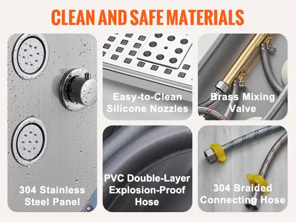 Sistema de panel de ducha VEVOR con acero inoxidable 304, boquillas de silicona, válvula de latón y manguera de pvc.