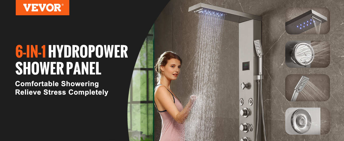 VEVOR Shower Panel System 5 Shower Modes LED Shower Panel Tower Rainfall Waterfall 2 Body Massage Jets Handheld Shower Head FTYS5CS2MSDPJJRDMV9 - The Home Depot - View #11