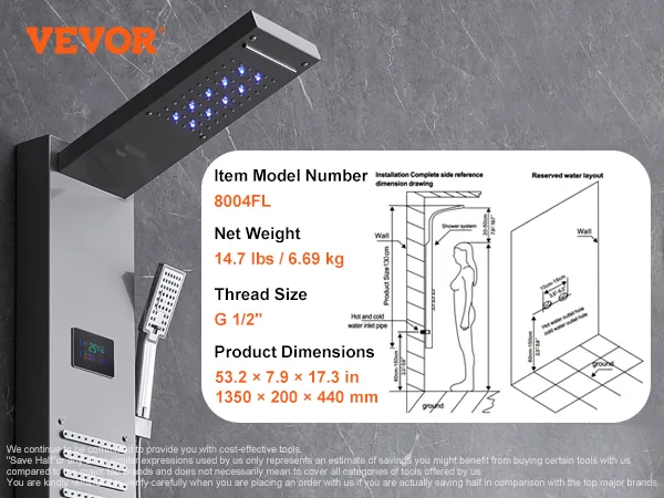 Sistema de panel de ducha VEVOR con dimensiones 53,2 x 7,9 x 17,3 pulgadas, modelo 8004fl, 14,7 libras de peso.