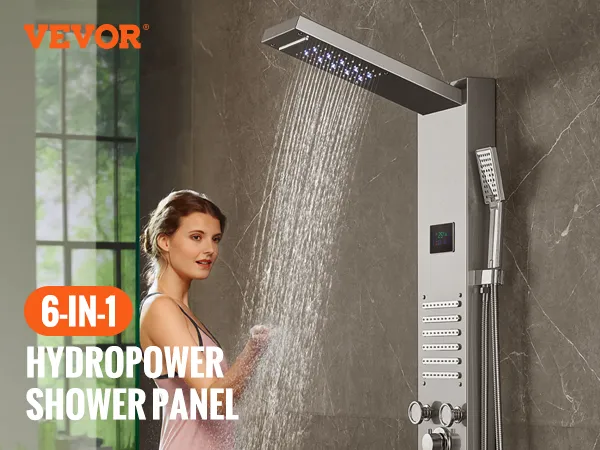 Sistema de panel de ducha VEVOR con funciones hidroeléctricas 6 en 1, opciones de múltiples rociadores y pantalla LED.