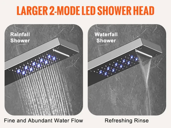 Sistema de panel de ducha VEVOR con cabezal de ducha LED de 2 modos: modos de lluvia y cascada para una experiencia refrescante.