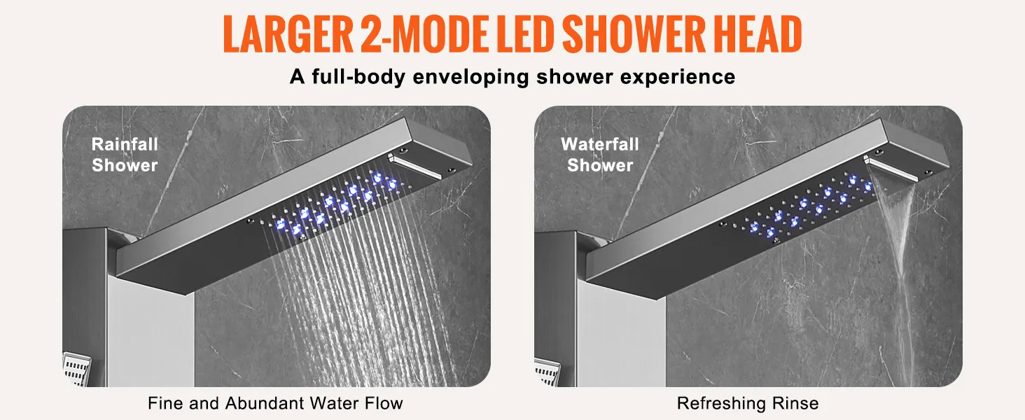 Sistema de panel de ducha VEVOR con cabezal de ducha LED de 2 modos: modos de lluvia y cascada para una experiencia refrescante.