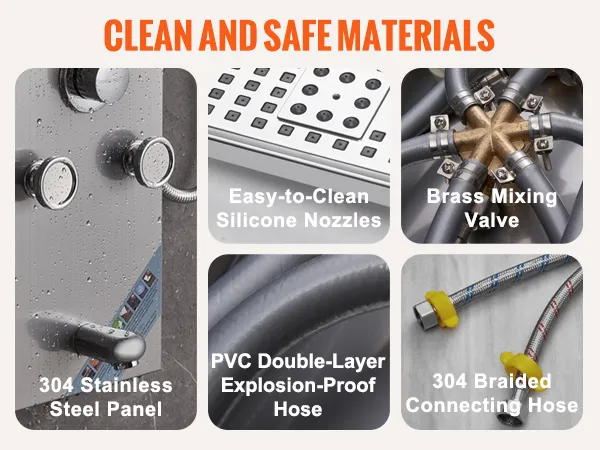 El sistema de panel de ducha VEVOR cuenta con panel de acero inoxidable, boquillas de silicona, válvula de latón, manguera de PVC y manguera trenzada.