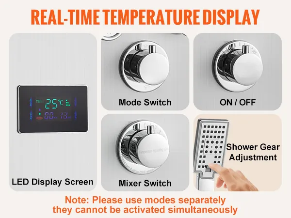Sistema de panel de ducha VEVOR con visualización de temperatura en tiempo real, pantalla LED e interruptores multifunción.