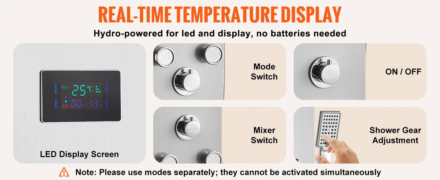 Sistema de panel de ducha VEVOR con visualización de temperatura en tiempo real, pantalla LED e interruptores multifunción.