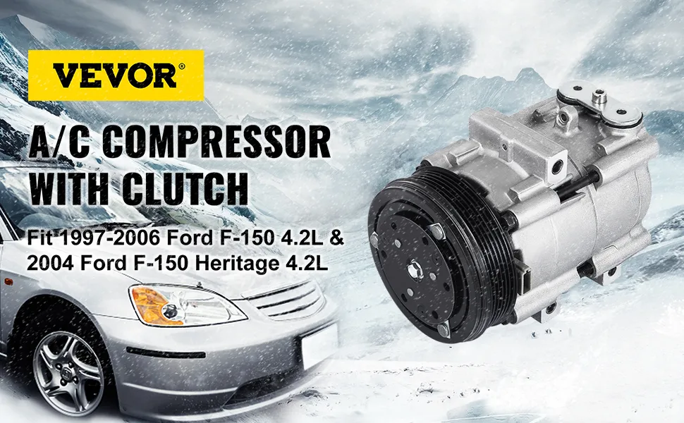 Compresor de aire acondicionado VEVOR para Ford F-150 con embrague y coche en fondo nevado