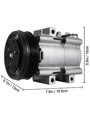 Compresor de aire acondicionado VEVOR para Ford F-150 con dimensiones anotadas en pulgadas y centímetros.