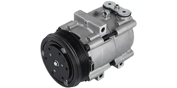 Compresor de aire acondicionado VEVOR plateado para Ford F-150 con polea negra sobre fondo blanco.