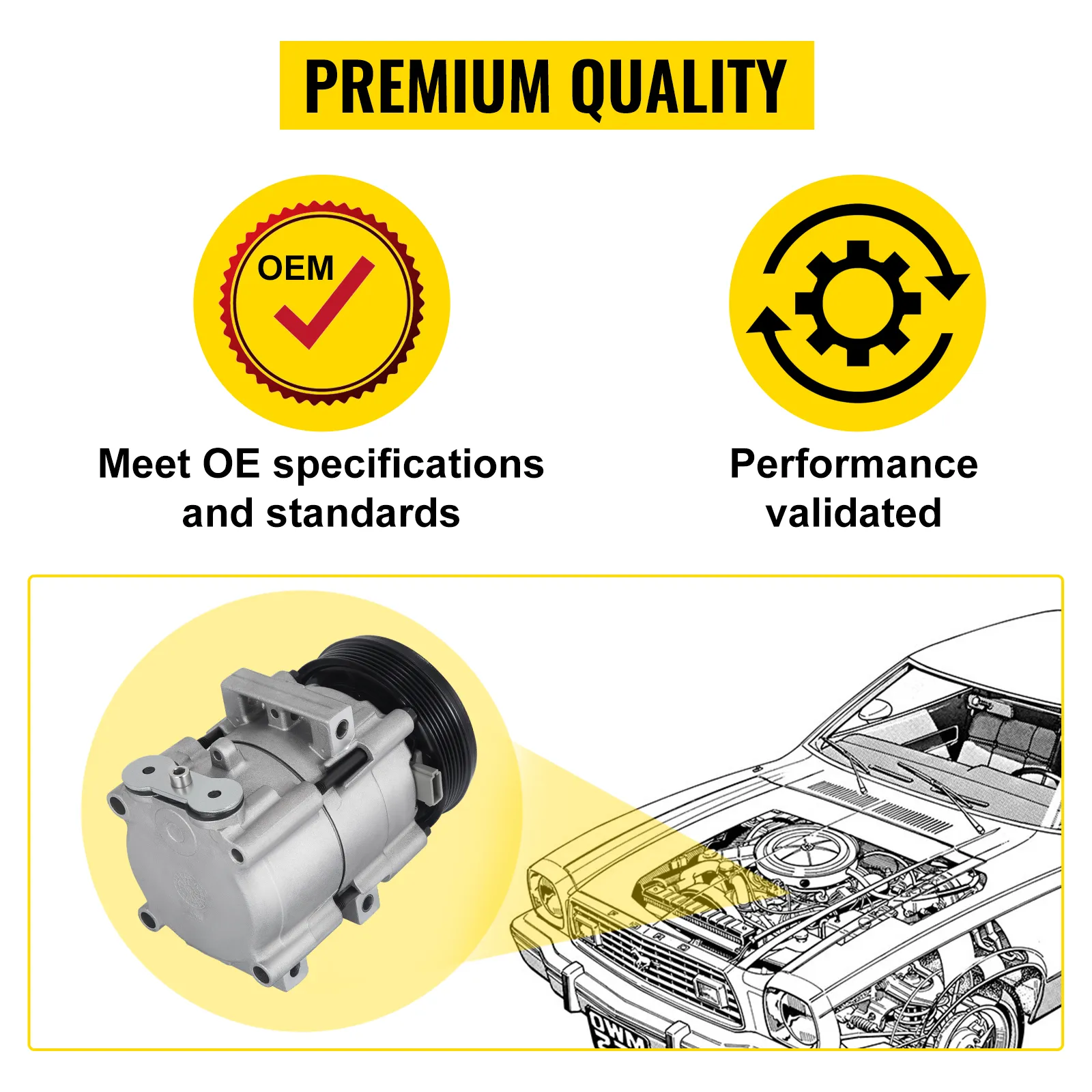 Compresor de aire acondicionado VEVOR para Ford F-150 que cumple con las especificaciones originales y tiene un rendimiento validado.