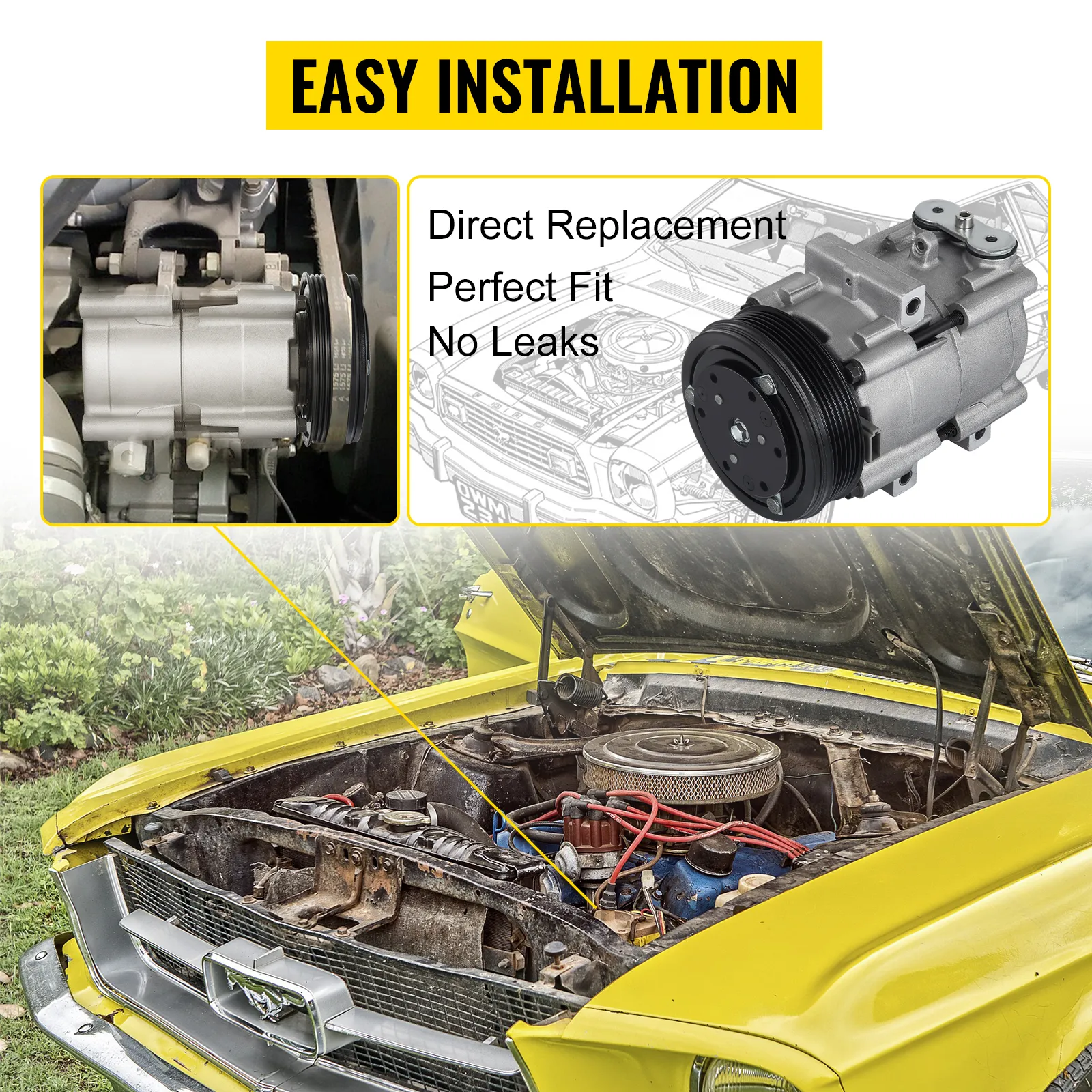 Compresor de aire acondicionado VEVOR para Ford F-150, fácil instalación, reemplazo directo, sin fugas.