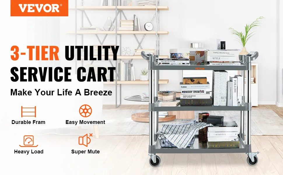 VEVOR utility service cart in modern room, showcasing a 3-tier design for easy organization and movement.