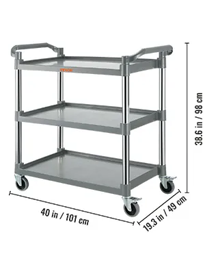 VEVOR utility service cart, gray, 3-tier, with dimensions: 40x19.3x38.6 inches, swivel casters.