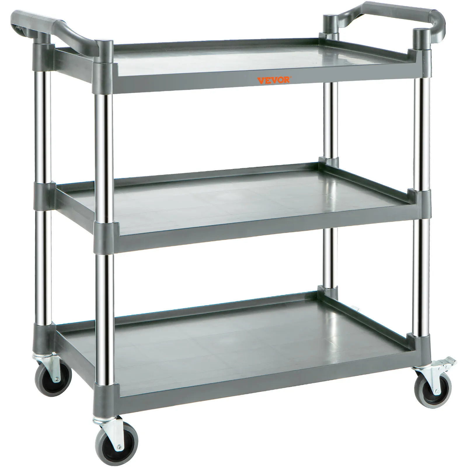 VEVOR utility service cart with three gray shelves, chrome handles, and caster wheels for easy mobility.