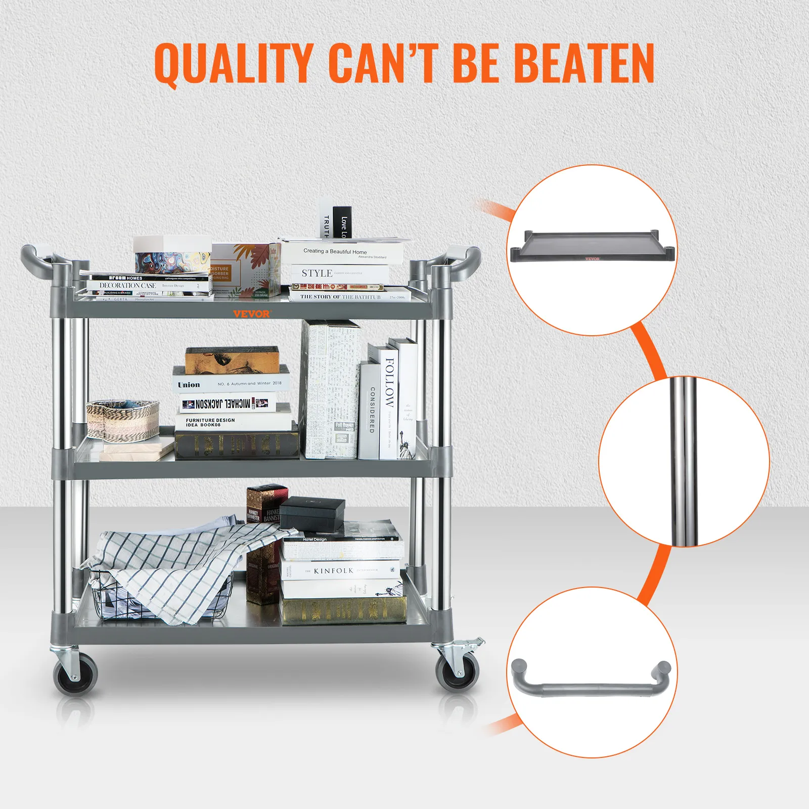 VEVOR utility service cart with three shelves, sturdy handles, and caster wheels, filled with books.
