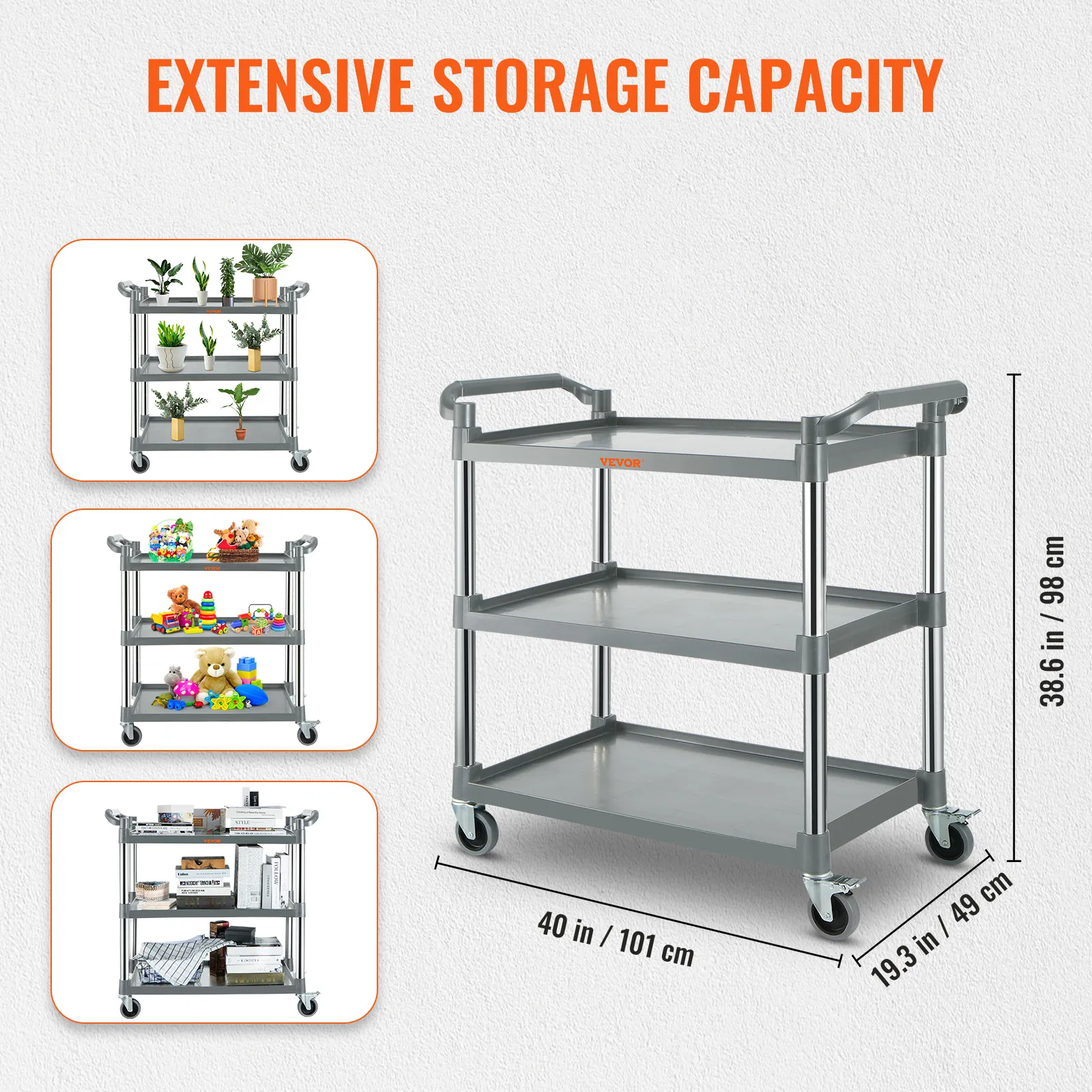 VEVOR utility service cart with three-tier shelving, displaying plants, toys, and books, dimensions included.