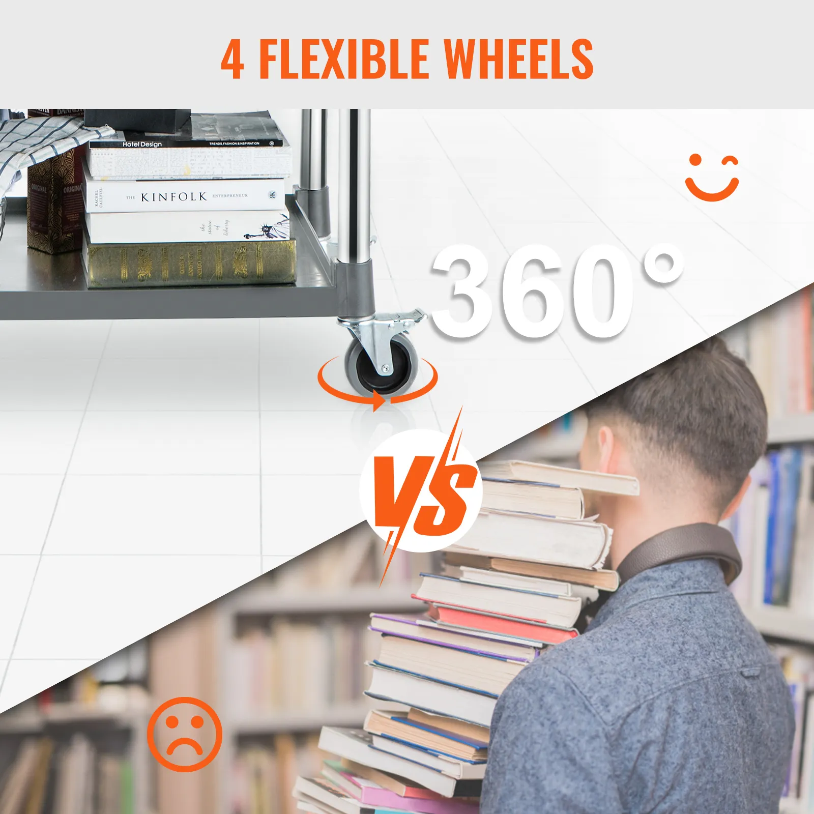 VEVOR utility service cart with 4 flexible wheels vs carrying a stack of books.