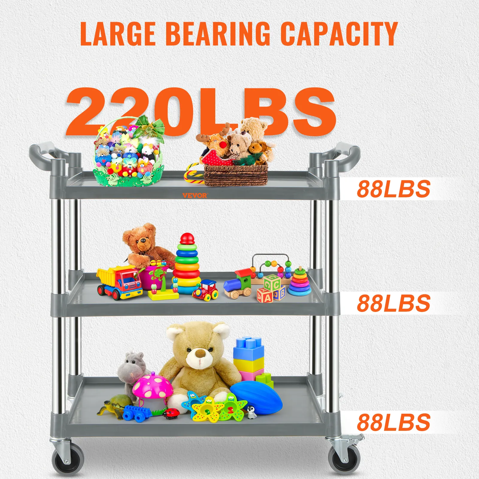 VEVOR utility service cart showcasing 3 shelves with toys, holding a total capacity of 220 lbs.