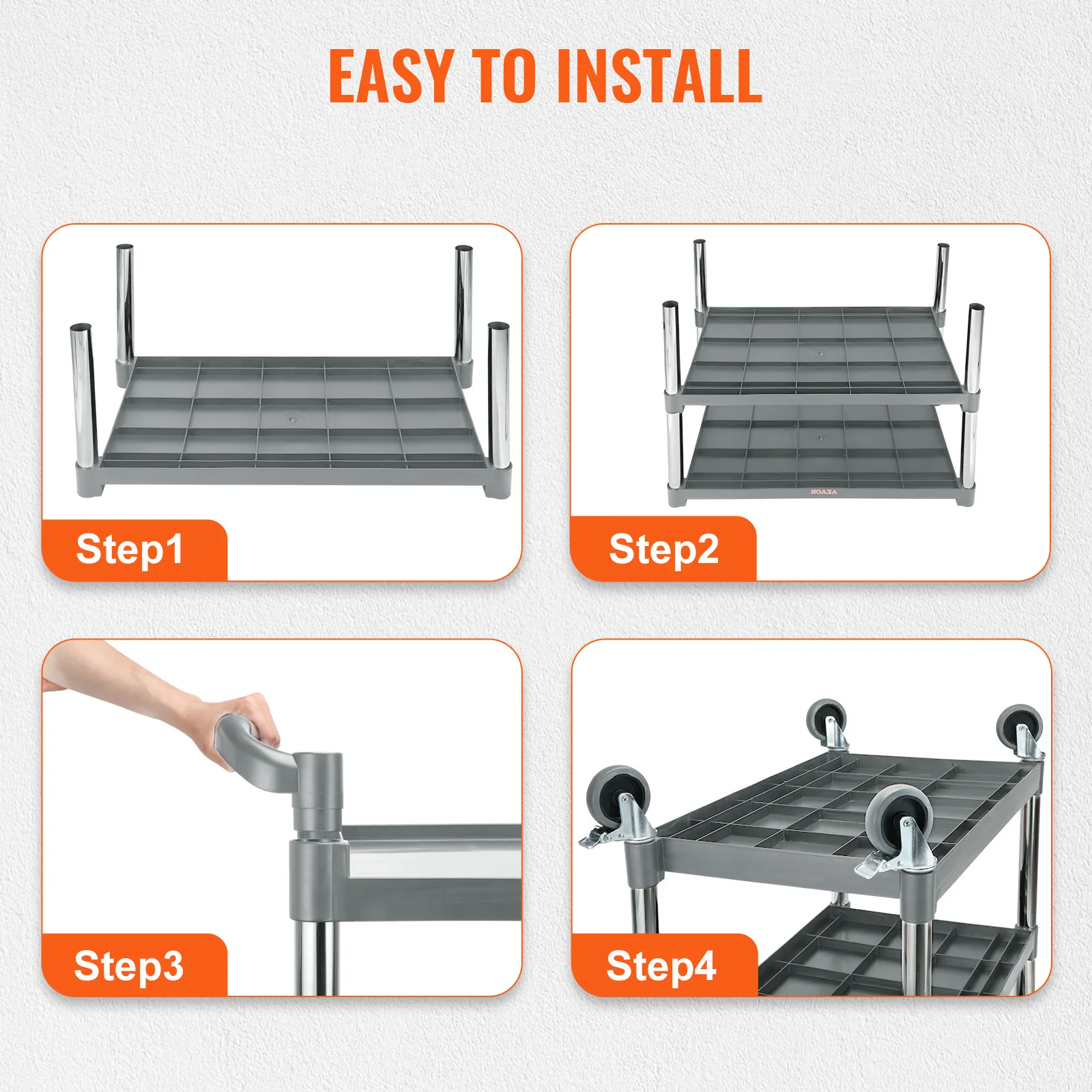 assembly steps for VEVOR utility service cart: step 1: frame. step 2: shelves. step 3: handle. step 4: wheels.