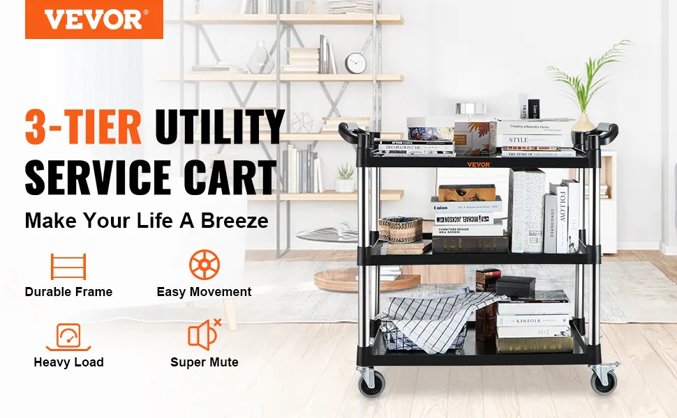 VEVOR utility service cart, 3-tier, black, durable frame, easy movement, heavy load, super mute.