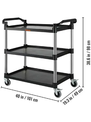 VEVOR utility service cart, 3-tier, 40in x 19.3in x 38.6in, black plastic shelves, steel legs, 4 casters.