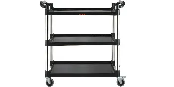 VEVOR utility service cart with three black shelves and four swivel caster wheels for versatile use.