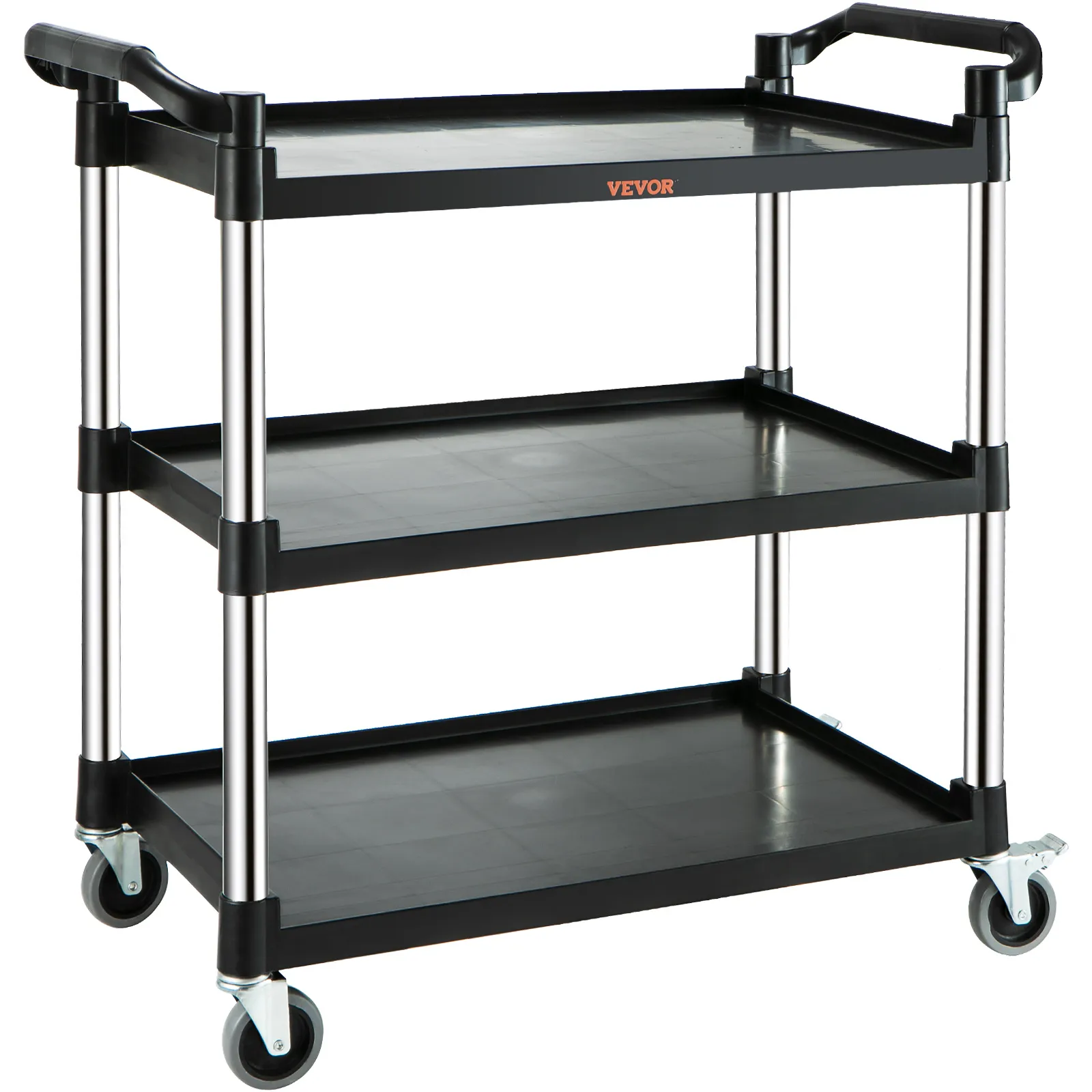 VEVOR utility service cart with three black shelves, sturdy metal frame, and four swivel caster wheels.
