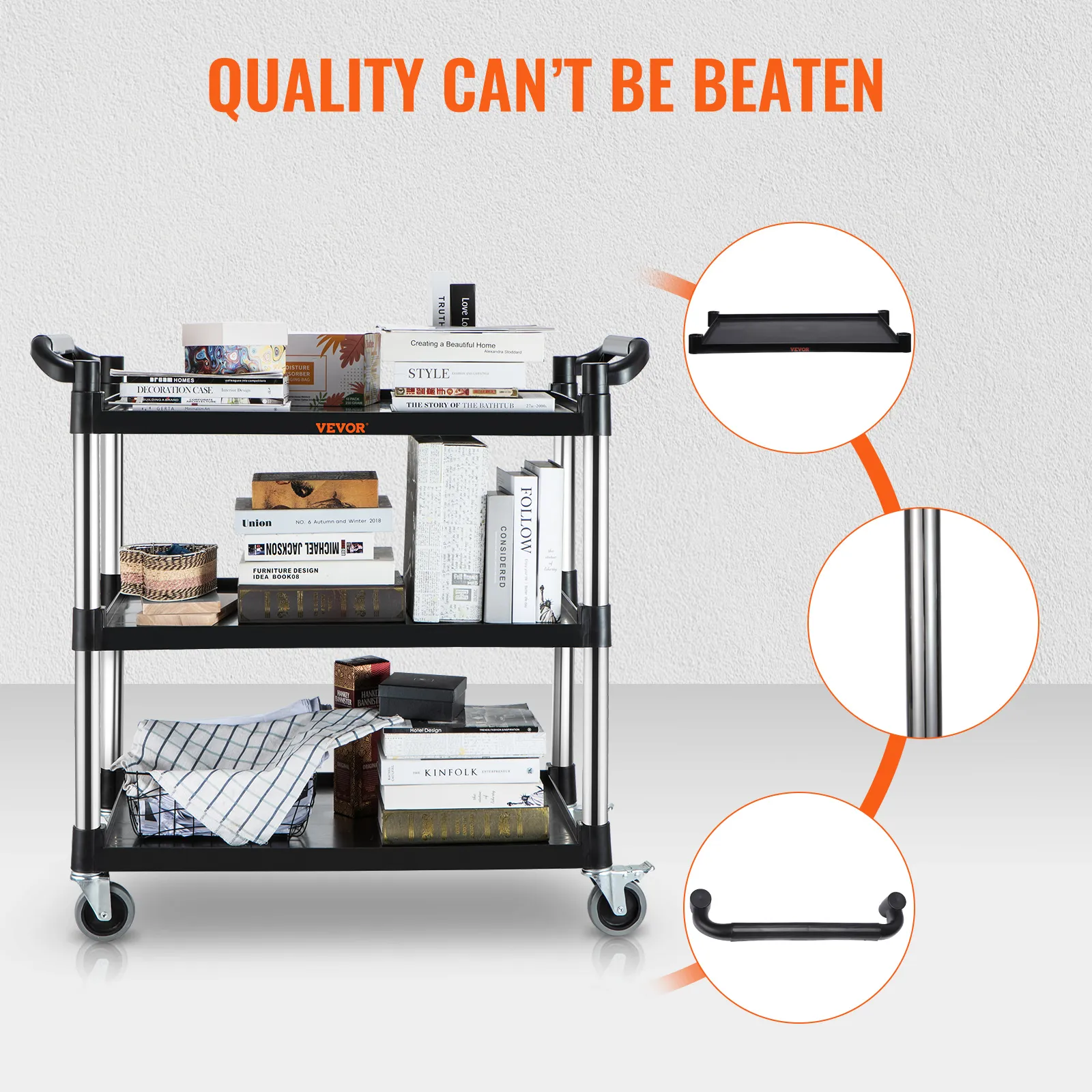 VEVOR utility service cart loaded with books and supplies; three shelves, sturdy steel frame, caster wheels.