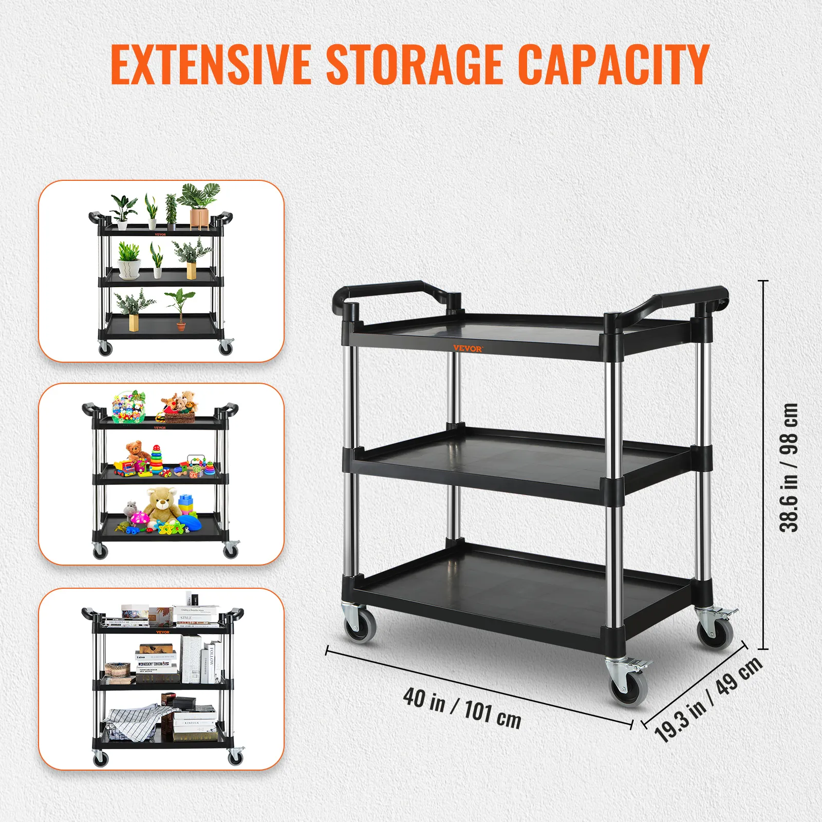 VEVOR utility service cart with extensive storage capacity, three tiers, and dimensions indicated.