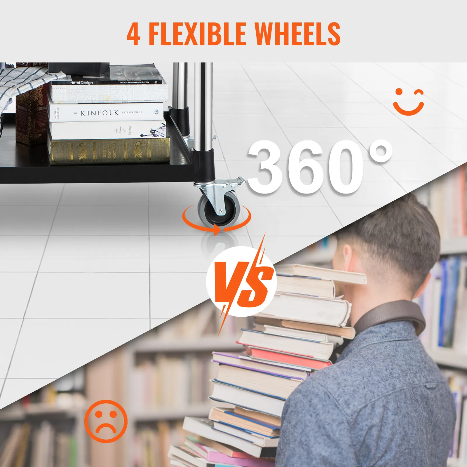 VEVOR utility service cart with 4 flexible wheels and 360-degree rotation, vs carrying books manually.