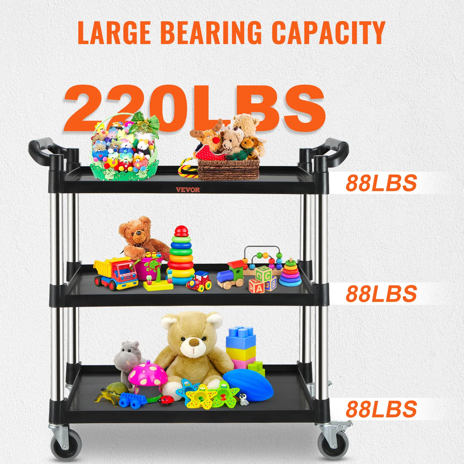 VEVOR utility service cart showcasing 220lbs capacity with kids' toys on three black shelves.