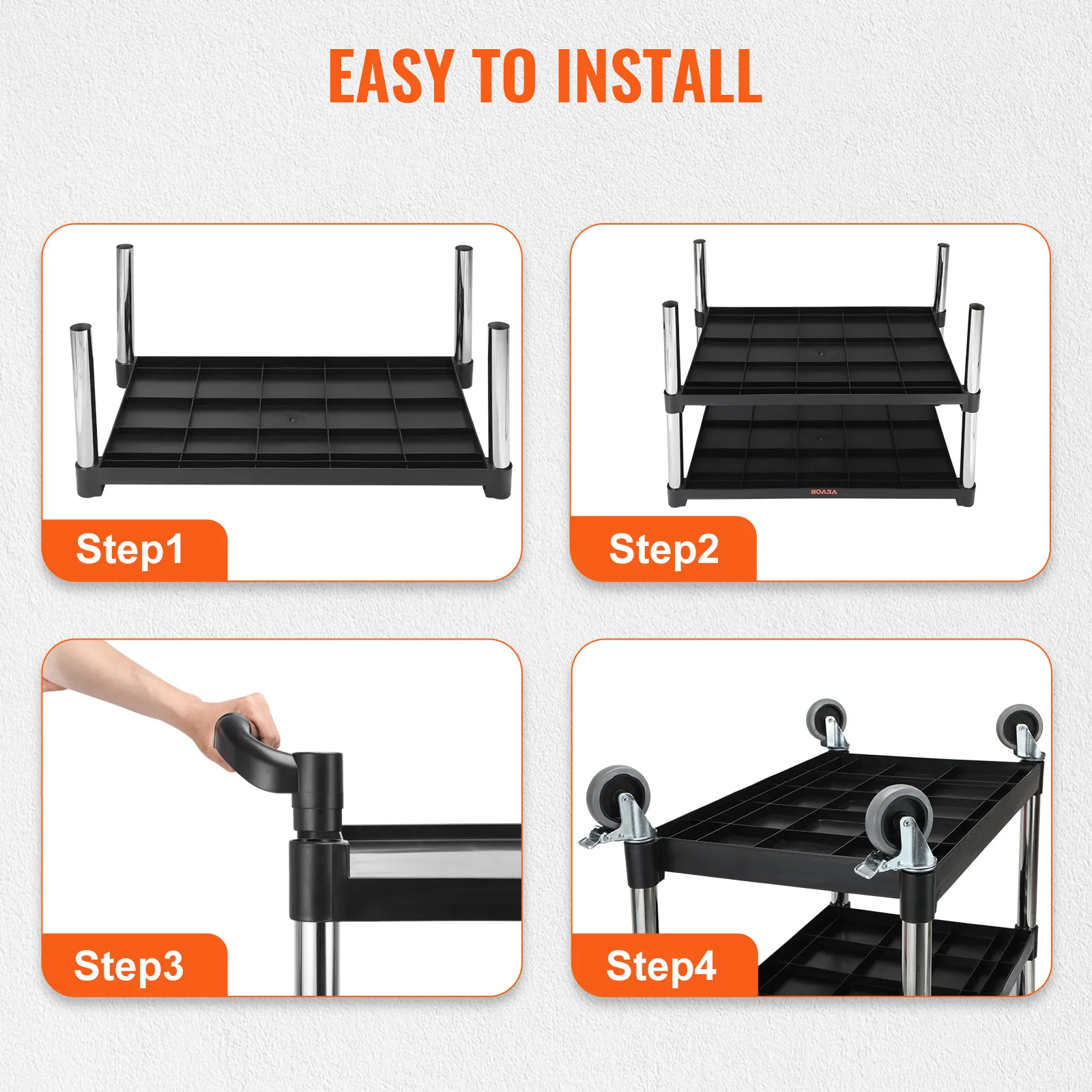 VEVOR utility service cart assembly steps with four images: base setup, tier addition, handle attachment, and wheels.
