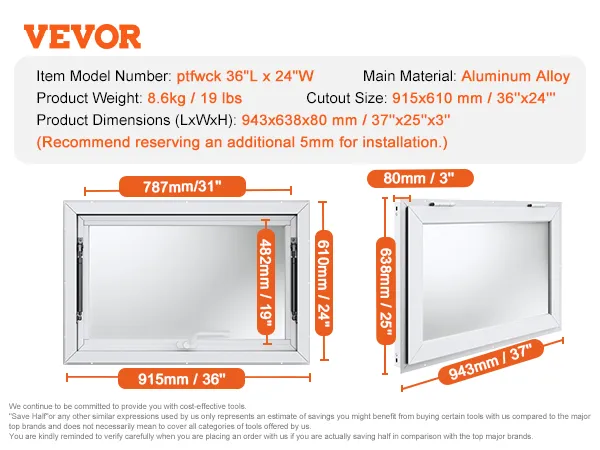 VEVOR concessie-etalage, aluminiumlegering, 36"x24", 8,6 kg, afmetingen 943x638x80 mm, uitsparing 915x610 mm.