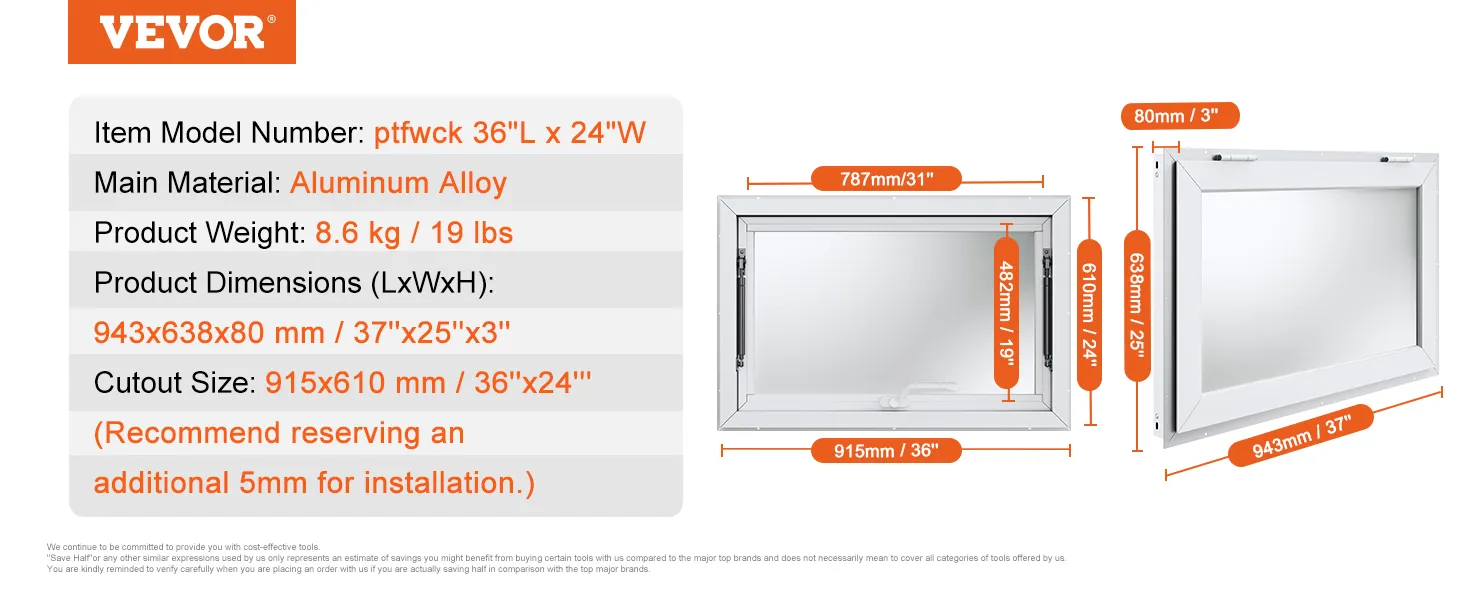 VEVOR concessie-etalage, aluminiumlegering, 36"x24", 8,6 kg, afmetingen 943x638x80 mm, uitsparing 915x610 mm.