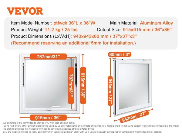 VEVOR concession window 36''x36'' aluminum alloy, 11.2 kg, dimensions 943x943x80mm, cutout 915x915mm.