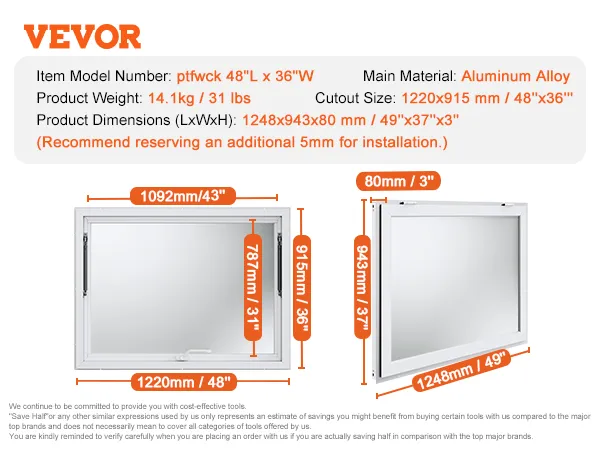 VEVOR concession window, aluminum alloy, 1248x943x80mm, 14.1kg, 48"x36" cutout, item ptfwck 48"l x 36"w.