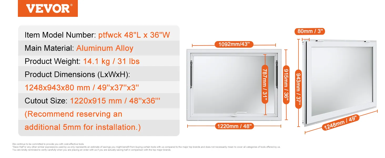 VEVOR concession window, aluminum alloy, 1248x943x80mm, 14.1kg, 48"x36" cutout, item ptfwck 48"l x 36"w.