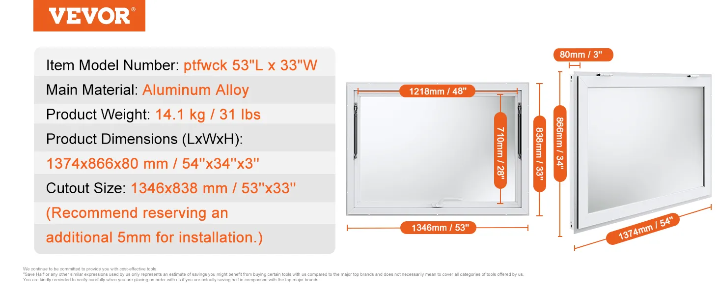 VEVOR concession window, aluminum alloy, 54"x34"x3", cutout size 53"x33", product weight 31 lbs.