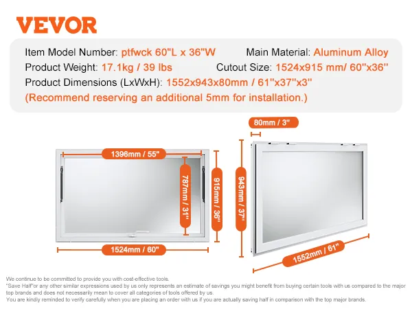 VEVOR concessie-etalage, 60"x36", aluminiumlegering, afmetingen: 1552x943x80mm, gewicht: 17,1kg/39 lbs.