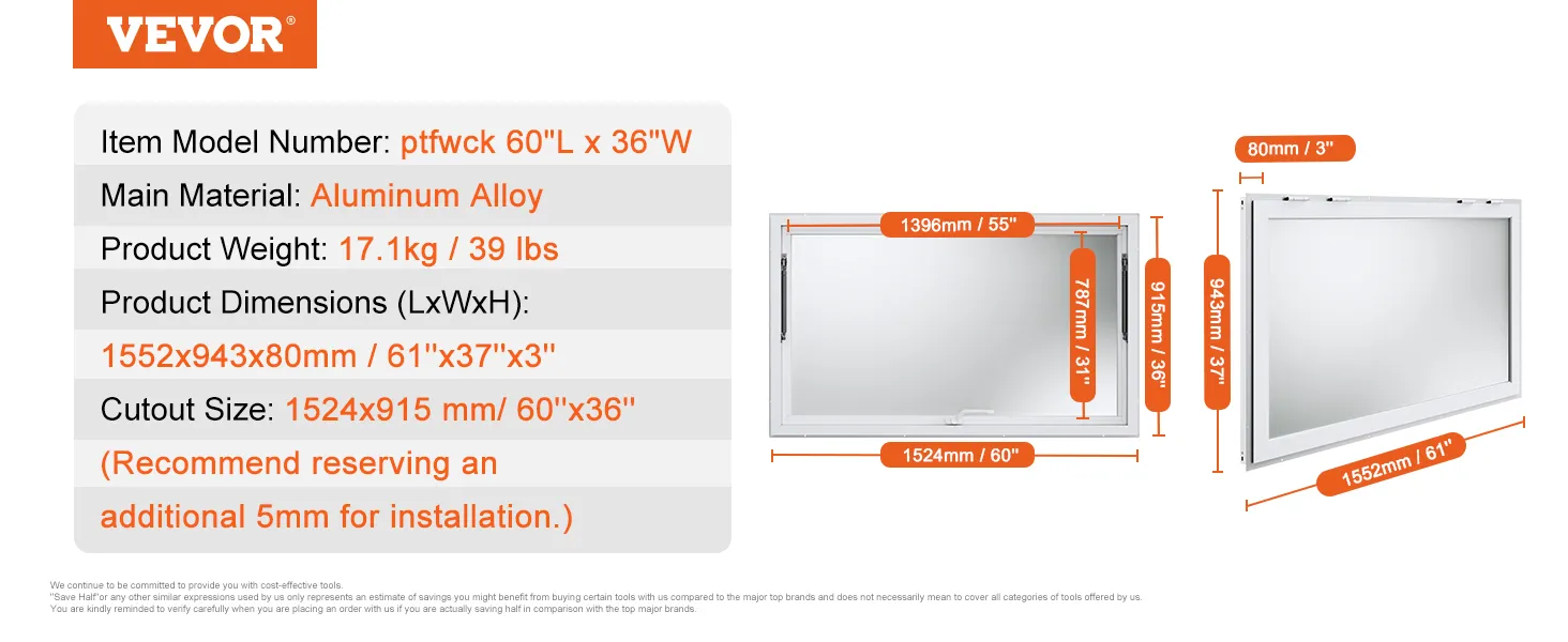 VEVOR concessie-etalage, 60"x36", aluminiumlegering, afmetingen: 1552x943x80mm, gewicht: 17,1kg/39 lbs.