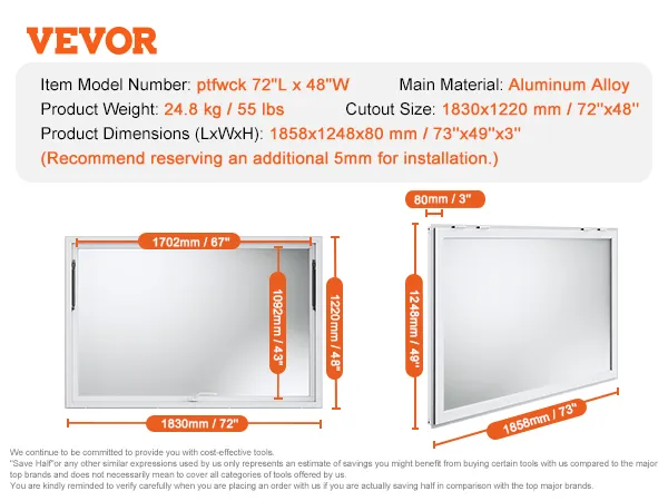 VEVOR concession window, aluminum alloy, model ptfwck 72"x48", 24.8 kg, dimensions 73"x49"x3".
