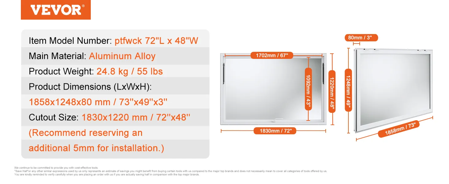 VEVOR concession window, aluminum alloy, model ptfwck 72"x48", 24.8 kg, dimensions 73"x49"x3".