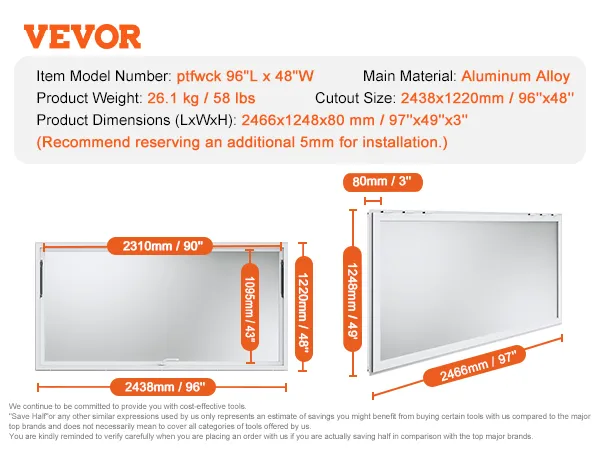 Ventana de concesión VEVOR: aleación de aluminio, 26,1 kg, 2466x1248x80 mm, tamaño de recorte 2438x1220 mm.