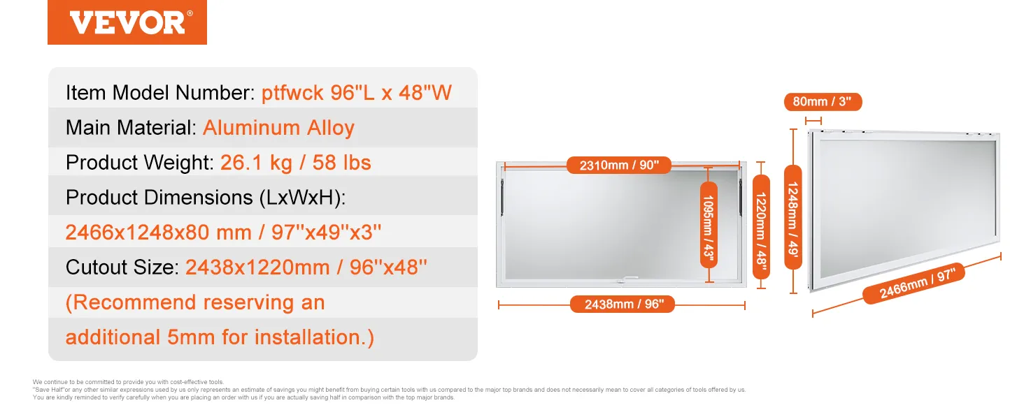 Ventana de concesión VEVOR: aleación de aluminio, 26,1 kg, 2466x1248x80 mm, tamaño de recorte 2438x1220 mm.