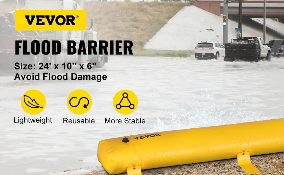 VEVOR flood barrier protects roads from flood water, showcasing size, lightweight, reusable, and stable features.