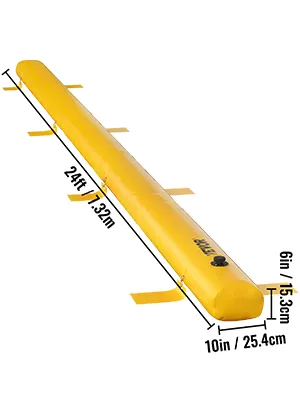 yellow VEVOR flood barrier, 24ft long, 10in wide, 6in high, with measurements labeled for size.