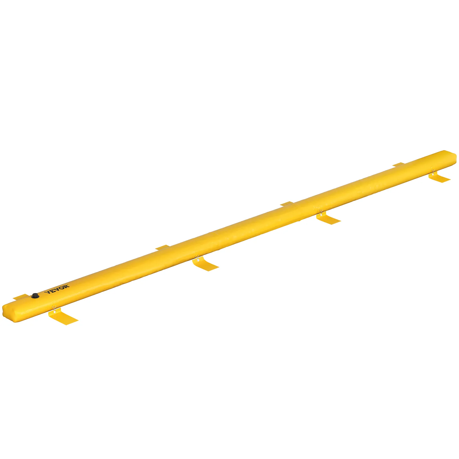 yellow VEVOR flood barrier with support anchors, long cylindrical design for effective flood protection.