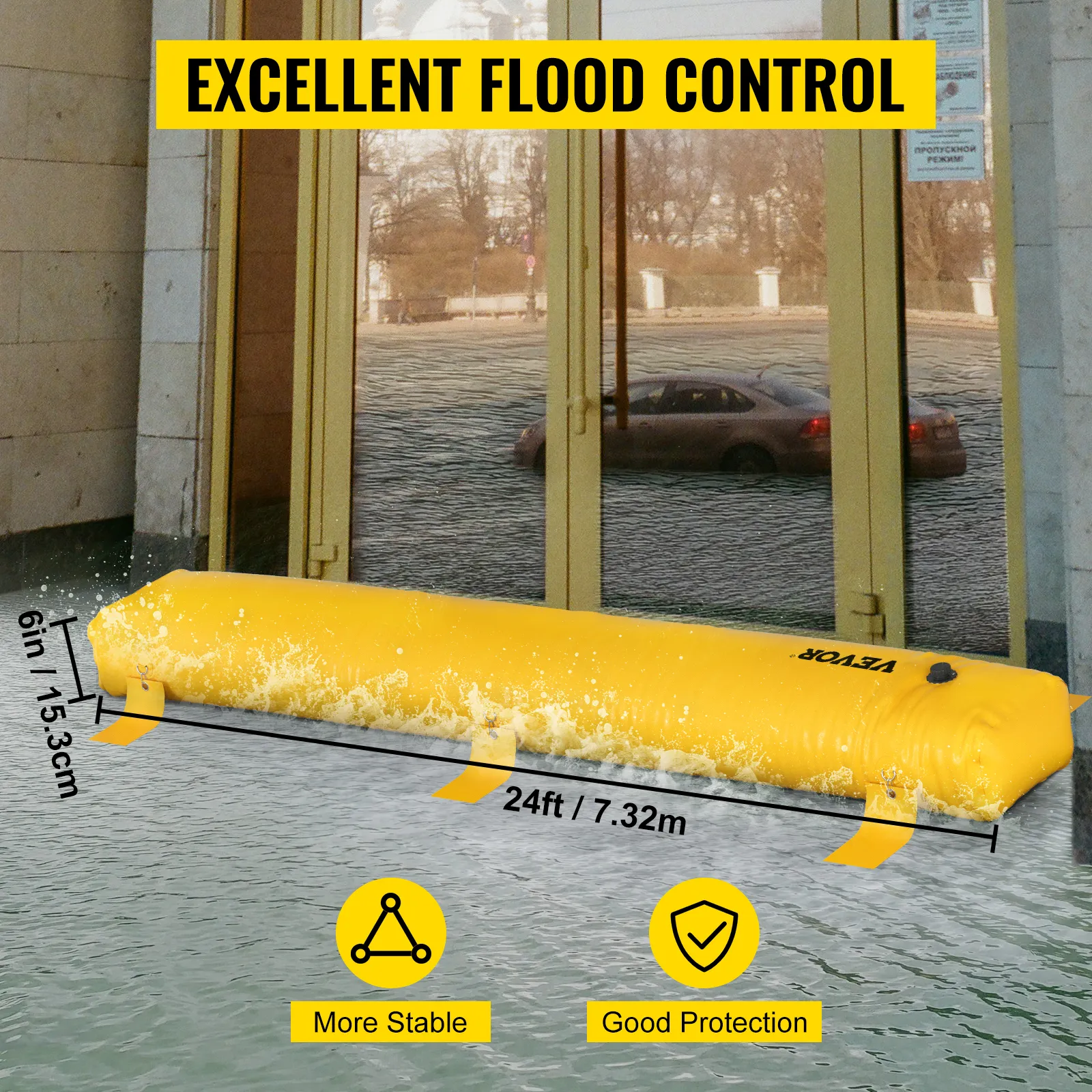 VEVOR flood barrier protecting building entrance from floodwater, showcasing stability and protection benefits.