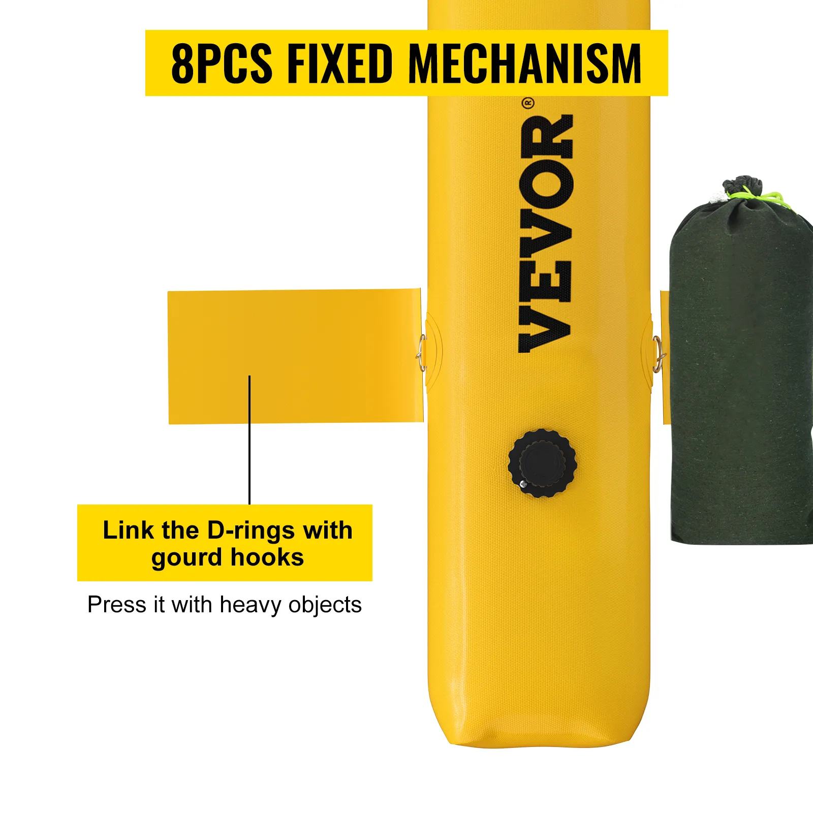 VEVOR flood barrier showing 8pcs fixed mechanism, d-rings, and instructions for using gourd hooks.