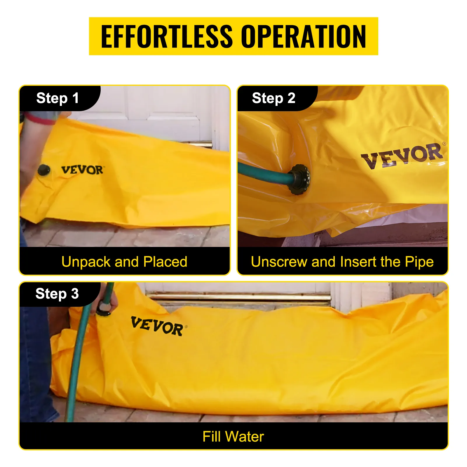 installation steps for VEVOR flood barrier: unpack, insert hose, fill with water. effortless operation.
